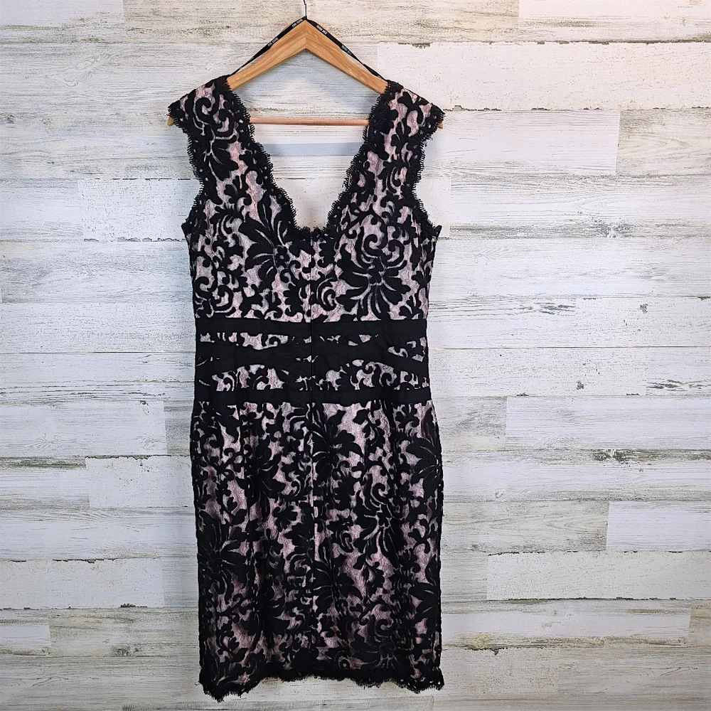 Tadashi Shoji Black Lace Overlay Cocktail Dress 16 Elegant Romantic Sheath - Picture 4 of 14